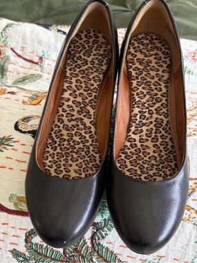 Clarks Black Leather Wedges with Leopard Insole